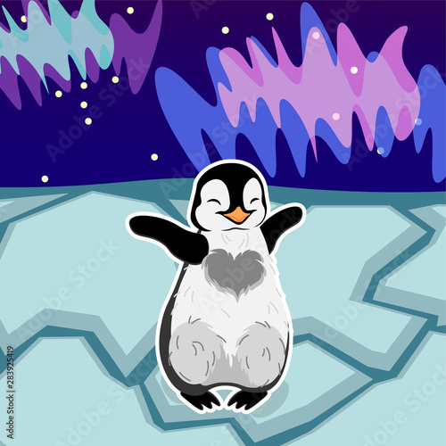 cute baby hugging penguin on aurora polaris and stars arctic background, winter night and holidays, cartoon drawn smile animal, editable vector illustration 