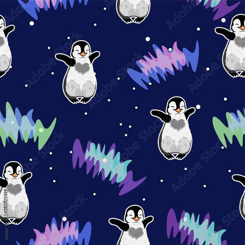 cute baby hugging penguin on aurora polaris and stars background seamless pattern, winter night and holidays, cartoon drawn smile animal, editable vector illustration 