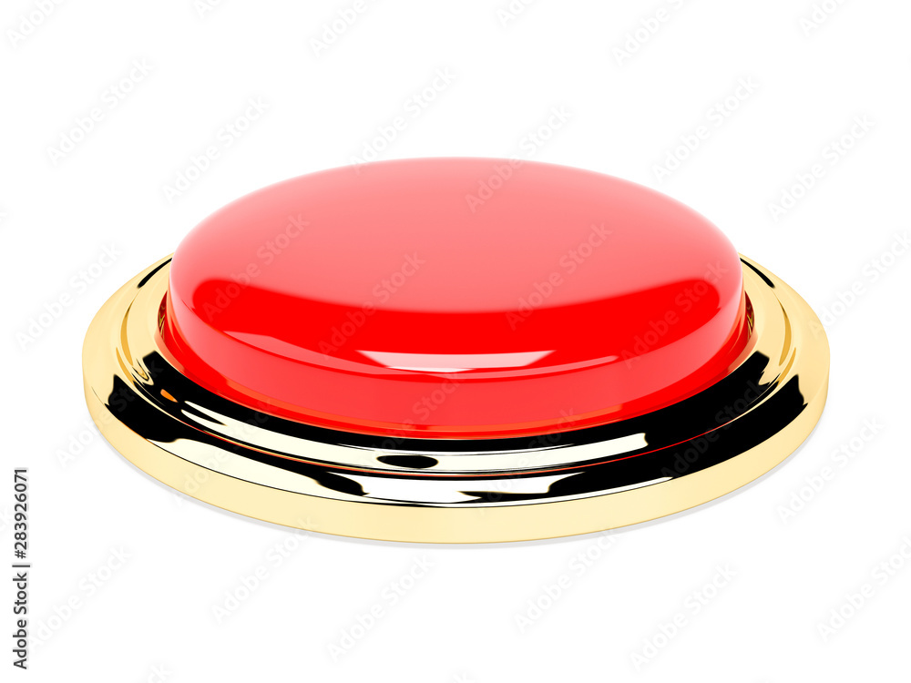 Red push button with golden frame. Shiny 3d element. 3d rendering illustration Red push button with golden frame. Shiny 3d element. 3d rendering illustration