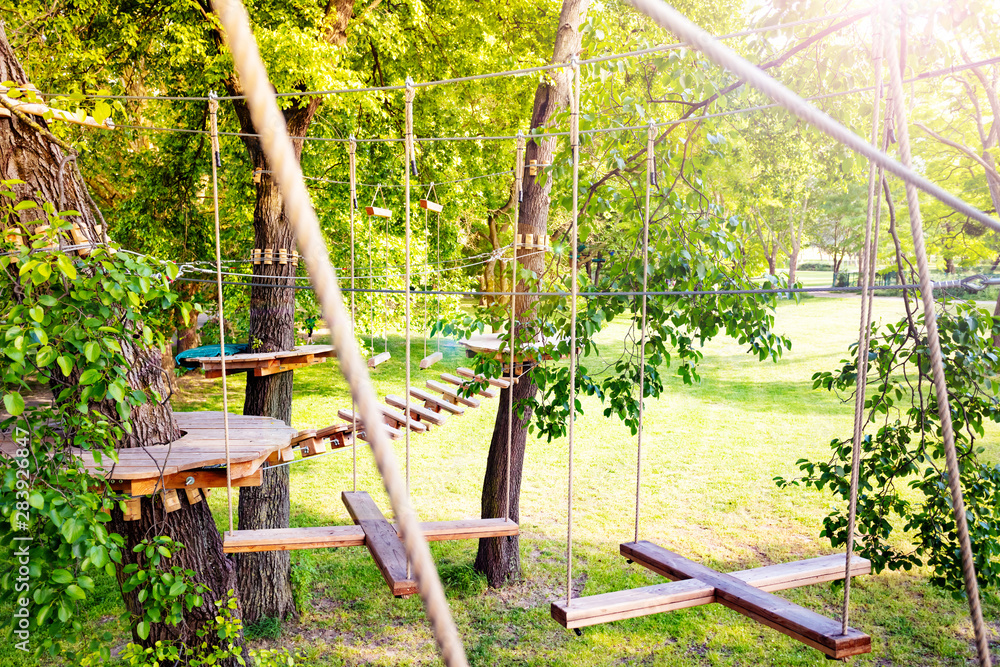 Fototapeta premium Forest rope park for kids suspended on the trees