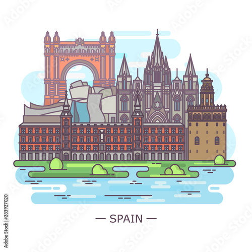 Panorama with historical Spanish landmarks in line