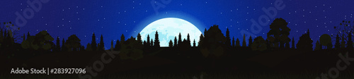 Vector Autumn panorama landscape field with night sky, moonrise in autumn in the countryside with panorama. fallen leaves. Starry sky. Autumn season at night. Background. Vector