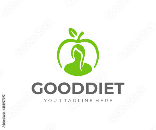 Healthy lifestyle logo design. Weight loss diet vector design. Woman and apple fruit logotype