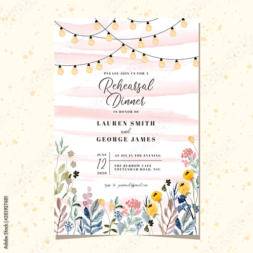 rehearsal dinner invitation with string light and floral garden watercolor photo