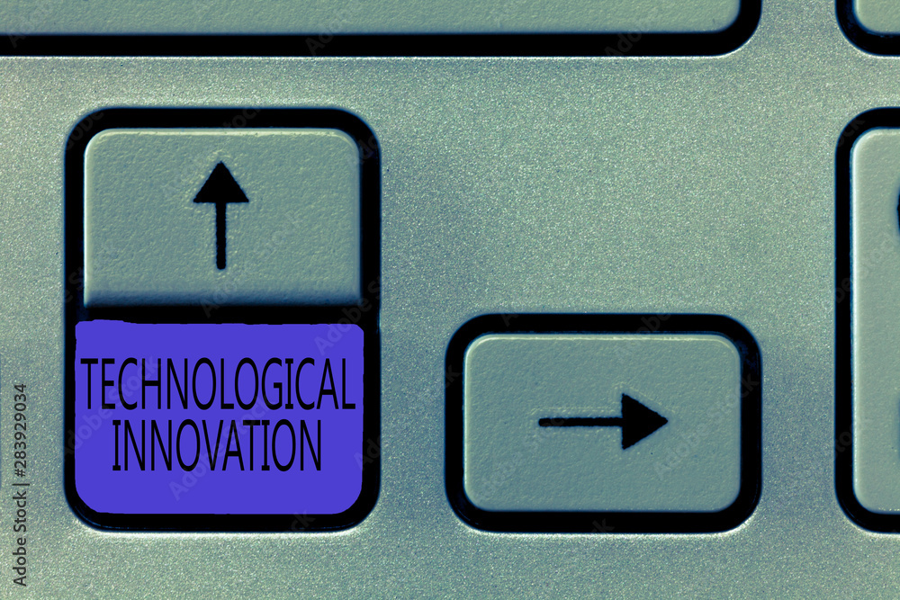 Conceptual hand writing showing Technological Innovation. Business photo showcasing New Invention from technical Knowledge of Product. Conceptual hand writing showing Technological Innovation. Business photo showcasing New Invention from technical Knowledge of Product.