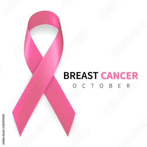 October breast cancer awareness month in. Realistic pink ribbon symbol. Medical Design. Vector illustration