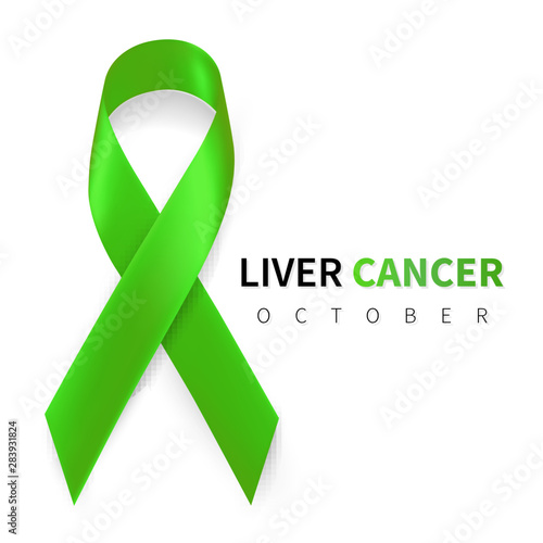 Liver Cancer Awareness Month. Realistic Emerald Green ribbon symbol. Medical Design. Vector illustration