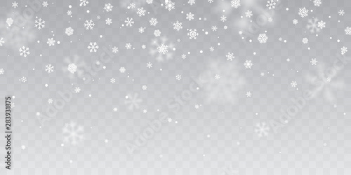 Christmas snow. Heavy snowfall. Falling snowflakes on transparent background. White snowflakes flying in the air. Vector illustration