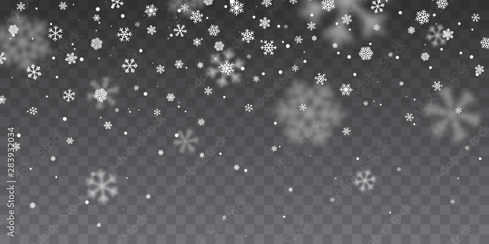 Christmas snow. Heavy snowfall. Falling snowflakes on transparent background. White snowflakes flying in the air. Vector illustration - obrazy, fototapety, plakaty 