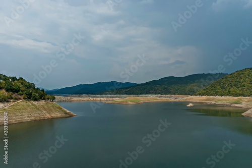 View of the Topolnitsa dam, reservoir, lake or barrage on the river Topolnitsa near village Muhovo, Ihtiman region, Bulgaria, Europe 