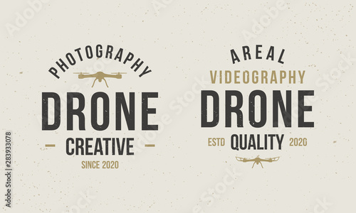 Set of drone logos. Drone photography logo template. Drone Videography emblem, label, badge template. Vintage design. Vector template.