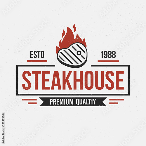 Logo for steak house restaurant. Barbecue logo with hot steak with fire flame. BBQ logo template. Vector Illustration