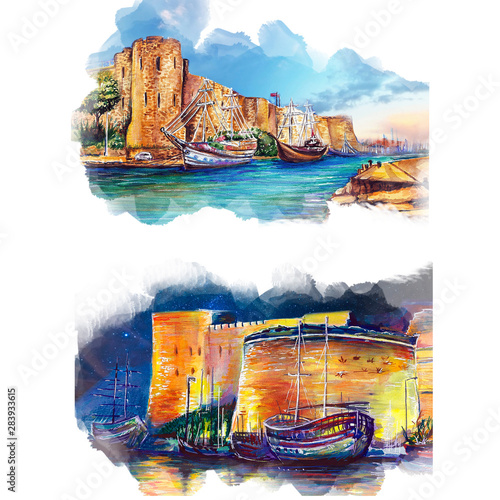 cyprus Kyrenia castle art illustration