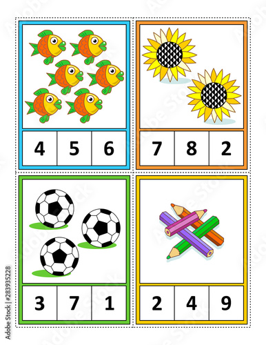 Autumn season themed counting 1 to 10 practice for kids worksheet or four task cards (when cut along the dotted lines): Count. Circle the correct answer. - Language independent.