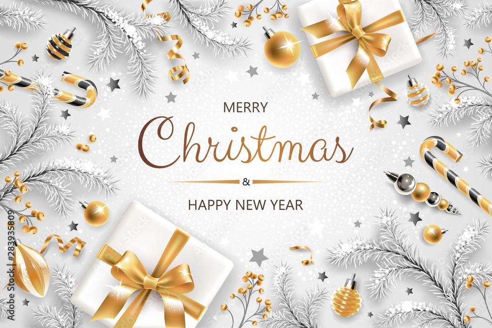 Horizontal banner with gold and silver Christmas symbols and text