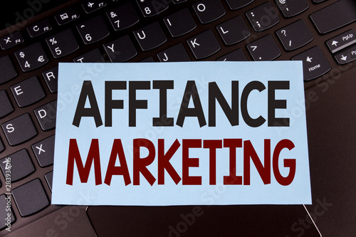 Text sign showing Affiance Marketing. Conceptual photo joining two or more companies in same field mutual goal written Sticky Note Paper placed the Laptop.