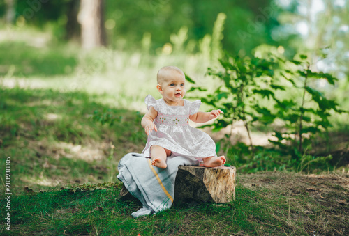 Happy baby girl wearing beautiful dress sitting on stump outdoors. Closeup portrait