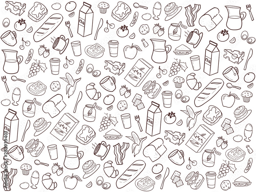 seamless background pattern of breakfast set in dark brown color on ...