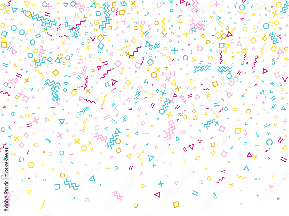 Memphis style geometric confetti vector background with triangle, circle, square shapes, zigzag and wavy line ribbons.