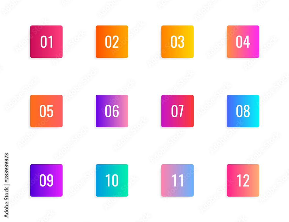 Super set arrow bullet point triangle flags on white background. Colorful gradient markers with number from 1 to 12. Modern vector illustration Super set arrow bullet point triangle flags on white background. Colorful gradient markers with number from 1 to 12. Modern vector illustration