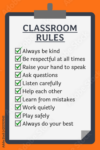 Classroom rules poster. Clipboard over orange