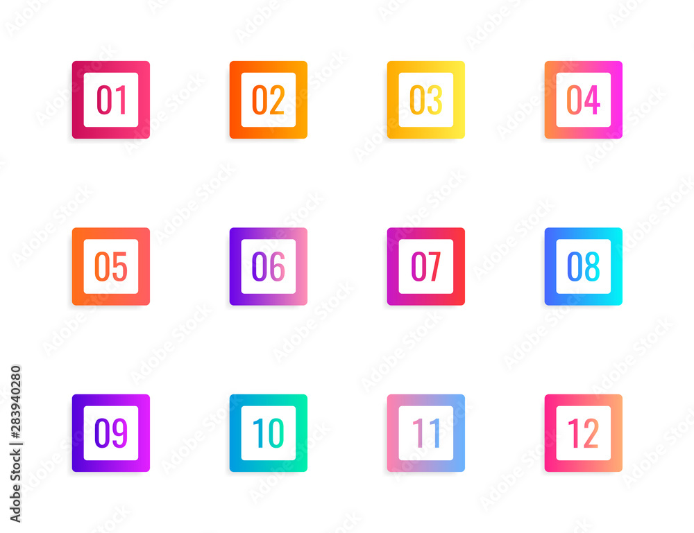 Super set arrow bullet point triangle flags on white background. Colorful gradient markers with number from 1 to 12. Modern vector illustration Super set arrow bullet point triangle flags on white background. Colorful gradient markers with number from 1 to 12. Modern vector illustration