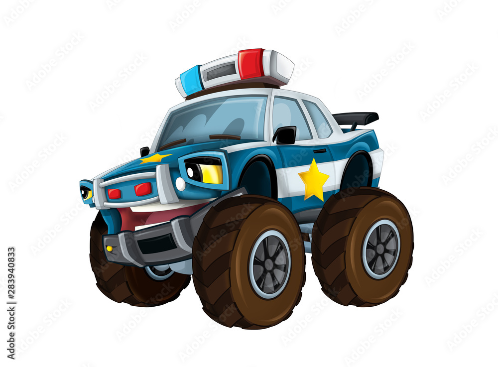 Fototapeta premium cartoon happy and funny off road police car looking like monster truck smiling vehicle illustration for children