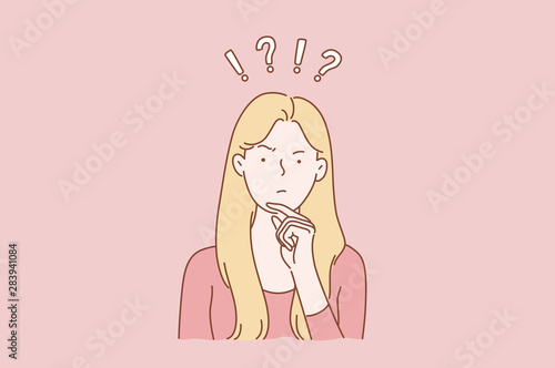 Concept of dream young nice pretty cute woman or girl, indecisive lady thought choose decide dilemmas solve problems finding new ideas. Cartoon flat Design Isolated Vector illustration