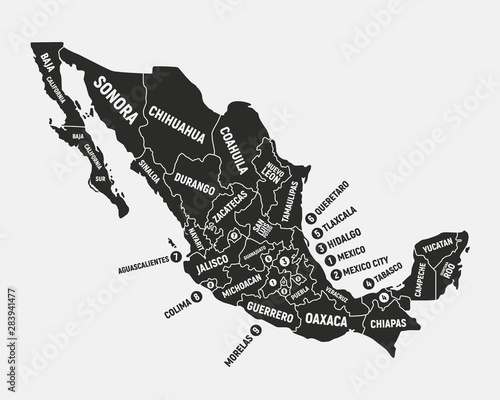 Mexico map. Poster map of Mexico with state names. Mexican background. Vector illustration photo