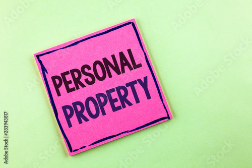 Text sign showing Personal Property. Conceptual photo Belongings possessions assets private individual owner written Pink Sticky Note Paper the plain background. photo