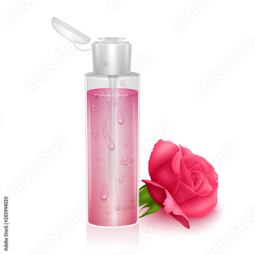 Template for design liquid packaging, design for catalog or magazine. Cosmetic package. Moisturizing toner, micellar water with rose extract Realistic vector illustration