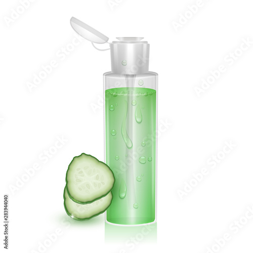 Realistic template for Cosmetic package. Moisturizing toner, micellar water with extract cucumber, 3D Vector illustration