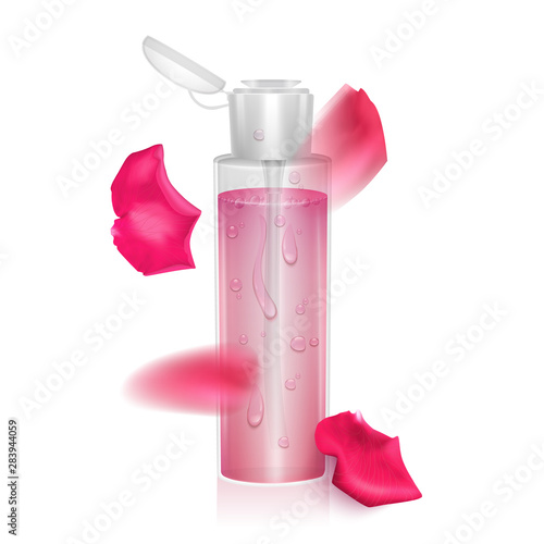 Template for design liquid packaging, design for catalog or magazine. Cosmetic package. Moisturizing toner, micellar water with rose extract Realistic vector illustration