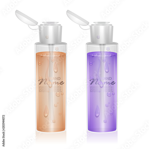 Set of Bottles for micellar water, with fluid of orange and purple colors, can be used like design for catalog or magazine. Cosmetic package. Vector eps 10 format
