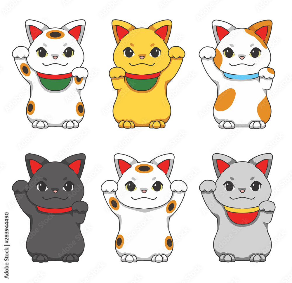 Cute cartoon style vector illustrations of different colored traditional Japanese so called 'Maneki Neko' winking cats, charms for good luck, friends and money