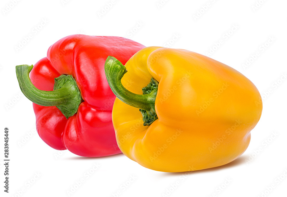 Fresh sweet peppes red and yellow bell isolated on white background with clipping path Fresh sweet peppes red and yellow bell isolated on white background with clipping path