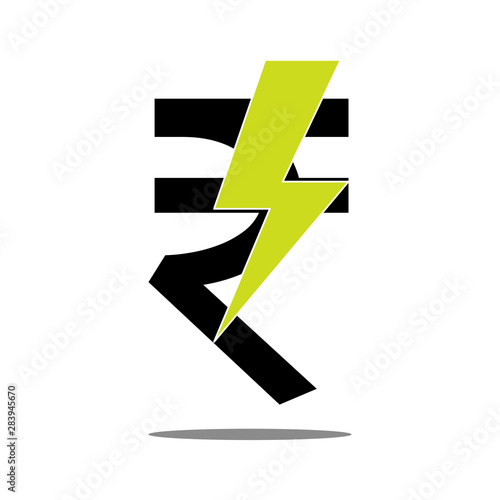 Black flat Indian rupee sign with yellow lightening thunderbolt symbol on it.