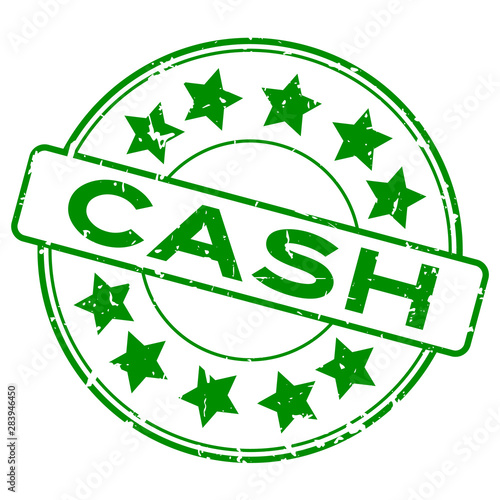 Grunge green cash word with star icon round rubber seal stamp on whtie backgroudn