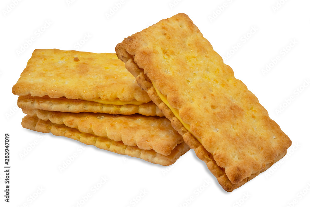 Biscuits, butter cream filling, sugar coated, delicious isolated on white background. Biscuits, butter cream filling, sugar coated, delicious isolated on white background.