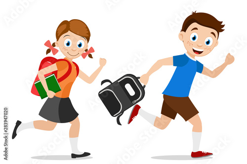 Schoolchild boy and girl running with briefcases to school.Characters on a white. Back to school.