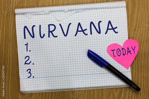 Wallpaper Mural Writing note showing Nirvana. Business photo showcasing Transcendent state of mind Meditation Ideal place Zen lifestyle Square Notebook ripped pages marker heart romantic ideas wooden table Torontodigital.ca