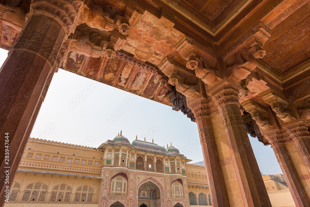 Beautiful  detail of decorated gateway in Amber fort at Jaipur, Rajasthan, India