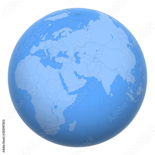 Qatar on the globe. Earth centered at the location of the State of Qatar. Map of Qatar. Includes layer with capital cities.