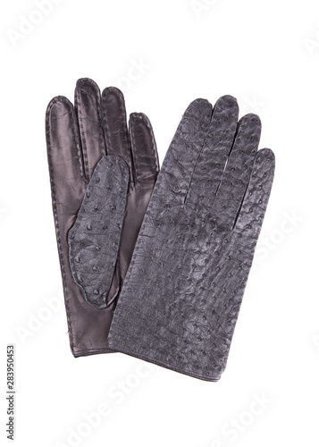 Ostrich leather gloves. Black leather gloves. A pair of leather gloves isolate on a white background.