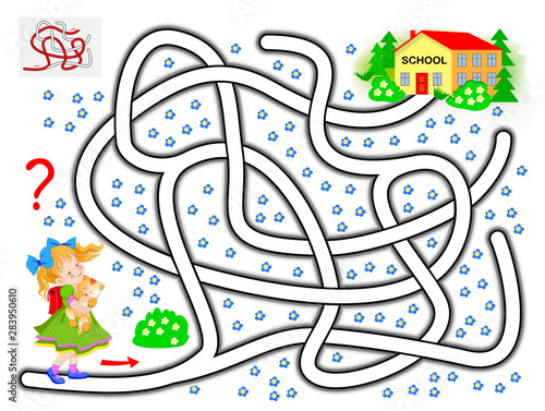 Logical puzzle game with labyrinth for children. Help the little girl find the way till the school. Printable worksheet for kids brainteaser book. Vector cartoon image.