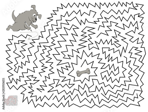 Logical puzzle game with labyrinth for children and adults. Help the dog find and draw the way till the bone. Printable worksheet for kids brainteaser book. Vector cartoon image.