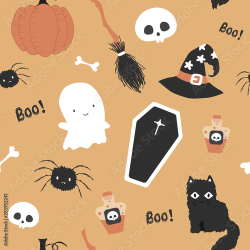 Cute Halloween on orange background seamless pattern