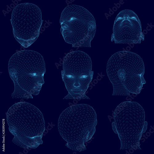 Set with wireframes of polygonal human heads. The blue contours of the female head in different positions. 3D. Vector illustration