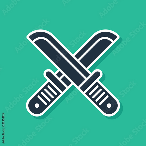 Blue Crossed hunter knife icon isolated on green background. Army knife. Vector Illustration