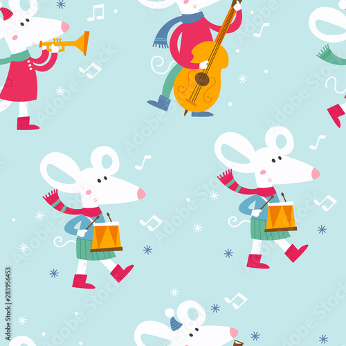 Christmas seamless pattern. Endless background with mice